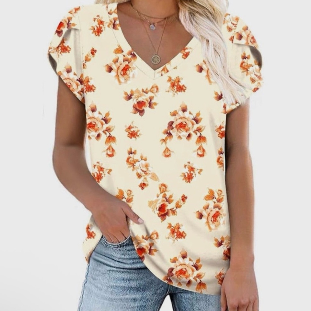 Anymeet Womens Large Ivory Orange Floral Short Sleeve V-Neck Tunic Knit Top